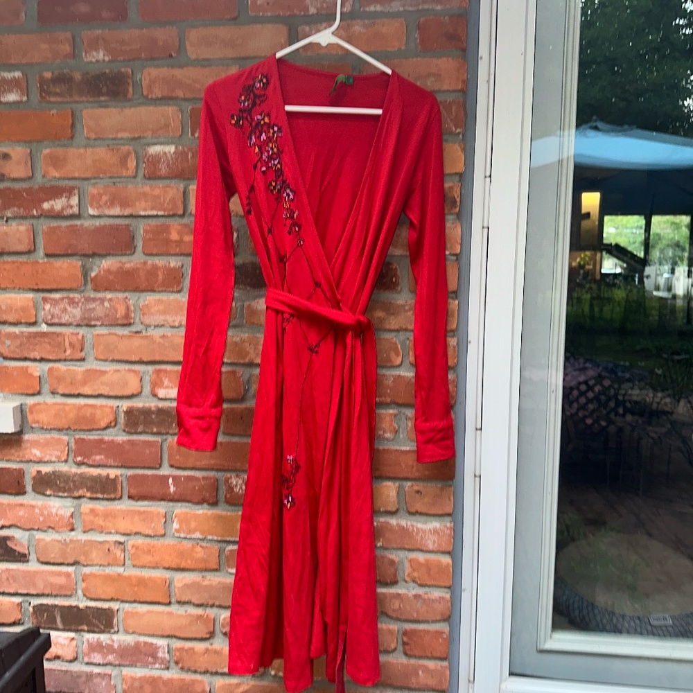 Oilily Midii Wrap Dress Red Embroidered Long Sleeve ~ XSmall